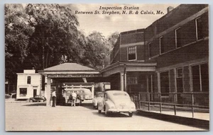 Calais ME~Inspection Station~St Stephen NB Canada~1930s Cars~Bus~B&W Linen - Picture 1 of 2