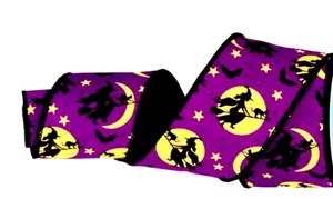 Witch Over the Moon 2.5" by 2 ,yds Purple Wired Ribbon Witch Bats Halloween NEW - Picture 1 of 4