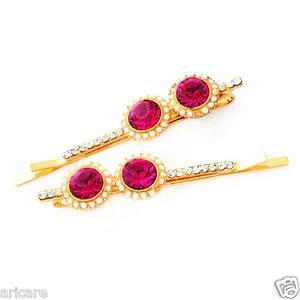 Hairpins Hair Clips Ruby Crystals 14K Gold Plated with HQ Zircon 2pk - Picture 1 of 1