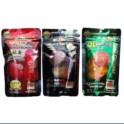 Okiko Cichlid Flowerhorn Fish Food Head Up Hunch Platinum Set XL Pellet 3 x 100g - Image 1 of 4