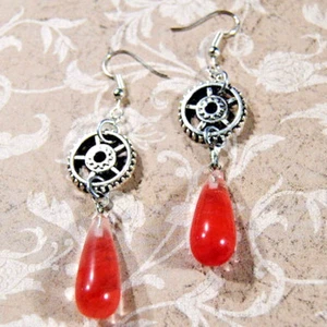 Earrings Jewelry Red Stone Teardrop Pendants + Silver Gears Upcycled Fashion - Picture 1 of 2