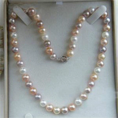 7-10mm Genuine Natural White Pink Purple Akoya Cultured Pearl Beads Necklace - Image 1 of 4