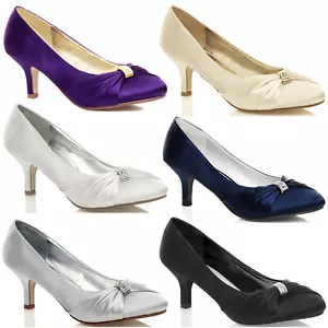 WOMENS BRIDAL SHOES LADIES WEDDING BRIDESMAID STILETTO LOW KITTEN MID SATIN HEEL - Picture 1 of 25