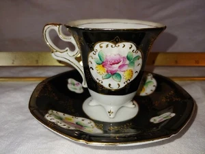 VTG Ucagco Demitasse Cup Saucer Set Black Painted Porcelain Tea Floral Occupied  - Picture 1 of 11