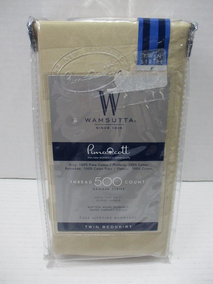 Wamsutta Twin BedSkirt Beige Damask Stripe 15” Drop 500 Thread Pima Cotton 39X75 - Image 1 of 4