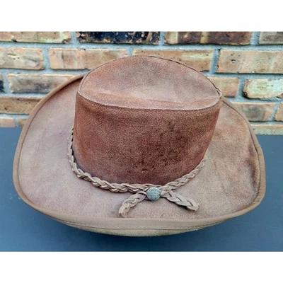 Sombrero de Vaquero de Cuero Henschel Años 70 CABEZA INDIA Banda Trenzada Western XL De Colección Foto 1 de 4
