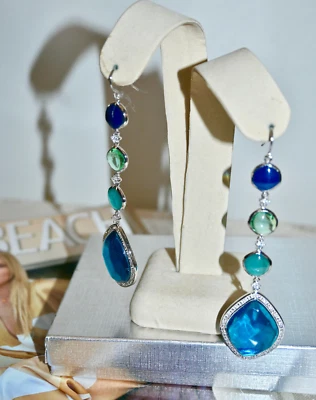 NUEVO EN CAJA $495 MIRIAM SALAT Pendientes Colgantes Largos Azul Laguna Océano Circonita Circonita Cristal Pepita Foto 1 de 4