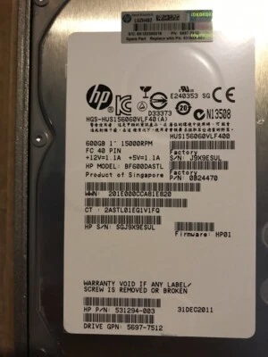 HARD DRIVE HP BF600DASTL 600GB 15k FC 3.5" P/N 531294-003= - Image 1 of 4