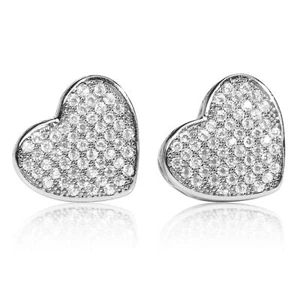 White Gold 925 Sterling Silver Micro Pave Women's Large Cz Heart Stud Earrings - Picture 1 of 7