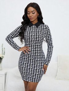 Black and White Lady Women's Bodycon Houndstooth Dress Sz XS S M L XL