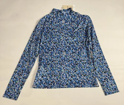 全新带标签芒果蓝色花卉印花长袖模拟领上衣女式 M 码 — 第 1/4 张图片