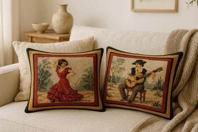 French Needlepoint Tapestry Pair Flamenco Dancer & Guitarist – Unframed Textile - Image 1 of 4