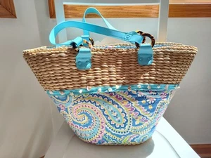 Large Woven Beach Tote Bag Paisley Vera Bradley Capri Blue Bow Tie Seashells  - Picture 1 of 7