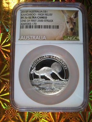 2015P Australia Silver $1 Kangaroo High Relief PF 70 Ultra Cameo One First 2500 - Image 1 of 4