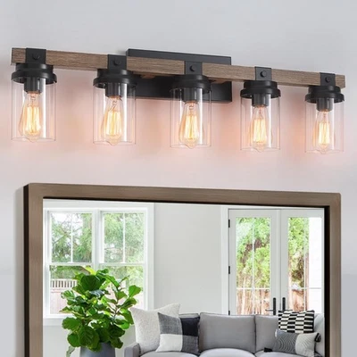 Lámpara de tocador de baño de madera, 5 luces lámpara de baño de granja sobre M... Foto 1 de 4