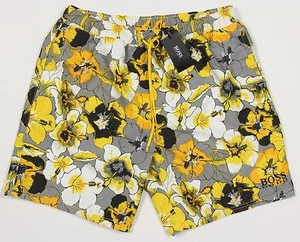 Men's HUGO BOSS Black Yellow Gray Floral Swim Trunks Swimsuit Small S NWT NEW - Picture 1 of 6
