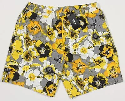 Men's HUGO BOSS Black Yellow Gray Floral Swim Trunks Swimsuit Small S NWT NEW - Image 1 of 4