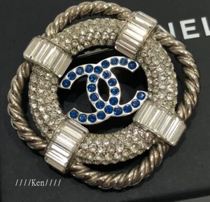 CHANEL Brooch Pin AUTH Coco chain Vintage CC Logo Silver Blue Rhinestone F/S - Picture 1 of 11