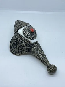 Antique Hand Made Tibetan Buddhist Temple Conch Shell Coral Silver Dragon Horn - Picture 1 of 12