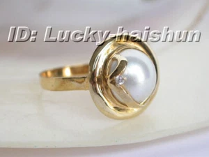 AAA natural slap-up Round South Sea white Mabe Pearls Ring 14KT solid gold j6255 - Picture 1 of 3