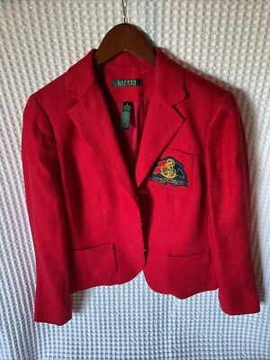 Blazer Lauren Ralph Lauren vermelho 100% linho logotipo náutico patch/botões feminino 4 - Imagem 1 de 4