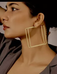 Big Gold Hoop Earrings Metal Chunky Statement Large Huge Hoops Square 2.75” - Picture 1 of 9