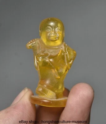 2"Old China Yellow Amber Carved Buddhism monk Heshang Tongzi Buddha Statue - Image 1 of 4