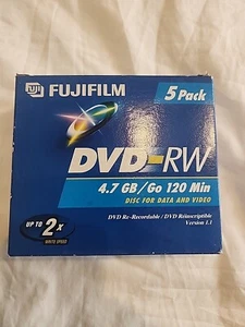 DVD-RW Fujifilm Discs Disks DVDs 120 Min 4.7GB Jewel Cases Brand New Pack Of 5 - Picture 1 of 9