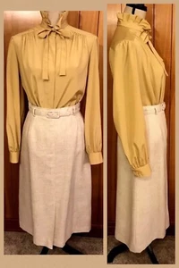 Vintage AUSTIN HILL Dress Gold Blouse Linen Skirt High Neck 1980s Long Sleeve 6 - Picture 1 of 13
