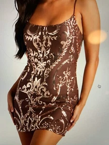 Special Occasion Sequin Embroidery Mesh Bodycon Sleeveless Dress Brown Small - Picture 1 of 8