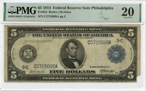 1914 $5 Federal Reserve Note Philadelphia Fr# 852 PMG VF20 - Picture 1 of 2