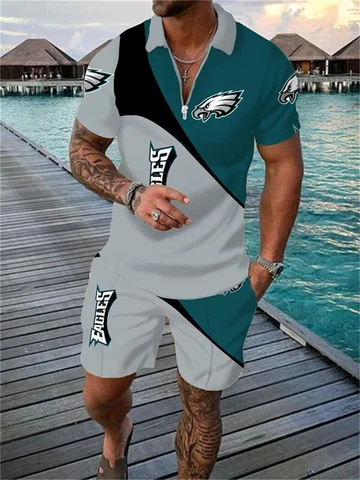Philadelphia Eagles Mens Tracksuit 2 Piece Zip-up T-Shirts Shorts Trunks Set Cover