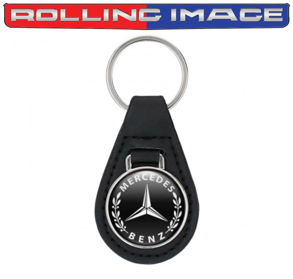 Mercedes-Benz Black Leather Keychain Fob Emblem W/ Logo Badge Key Ring Accessory - Image 1 of 1