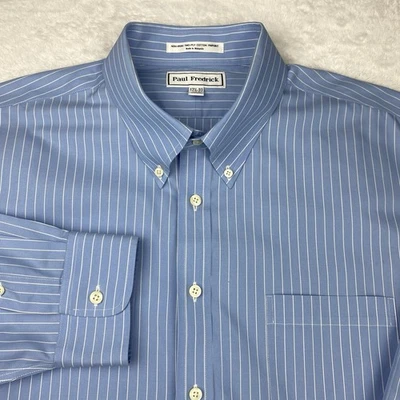Paul Fredrick Mens Dress Shirt 17.5-33 Blue w/White Stripes Trim Fit No Iron - Image 1 of 4