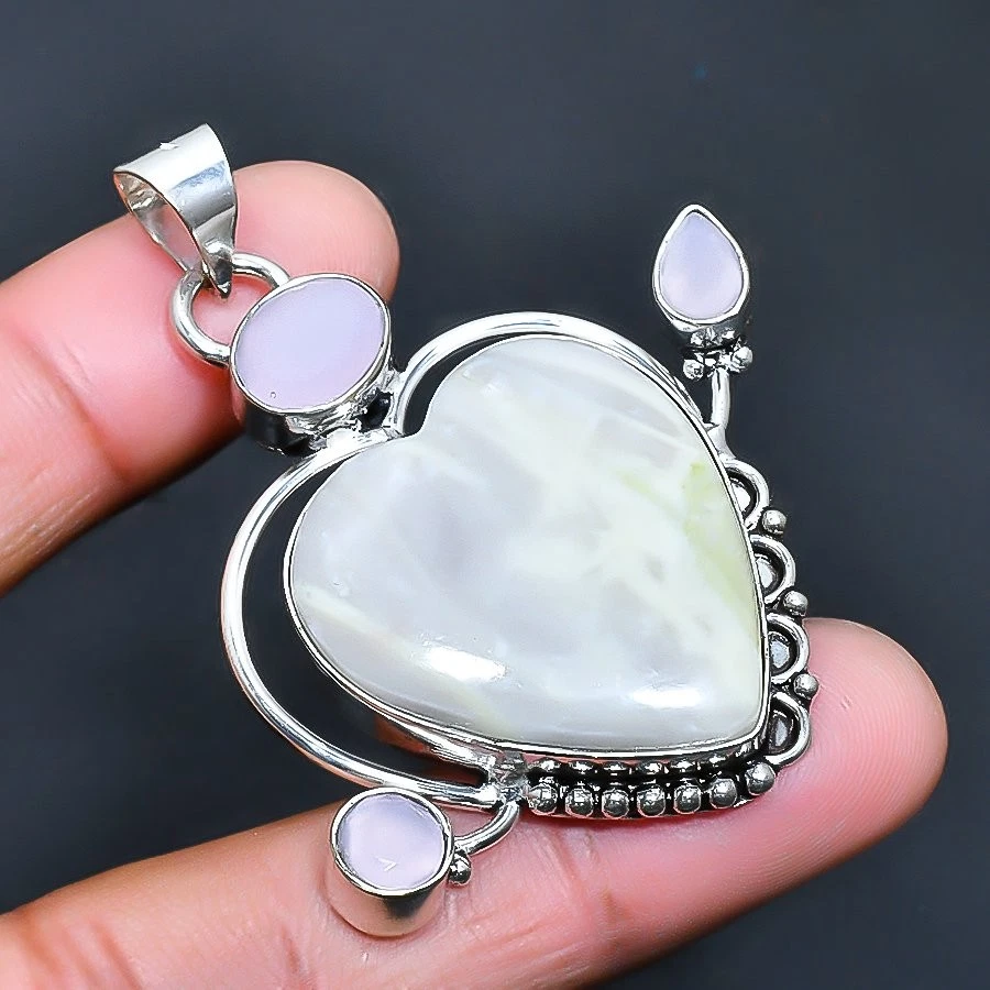 Swiss Green Opal, Pink Chalcedony Gemstone Pendant 2.08" - Image 1 of 1
