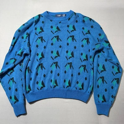 Suéter Grande Cuello Redondo Vintage Años 80 Wrangler Azul Patrón Geométrico Foto 1 de 4