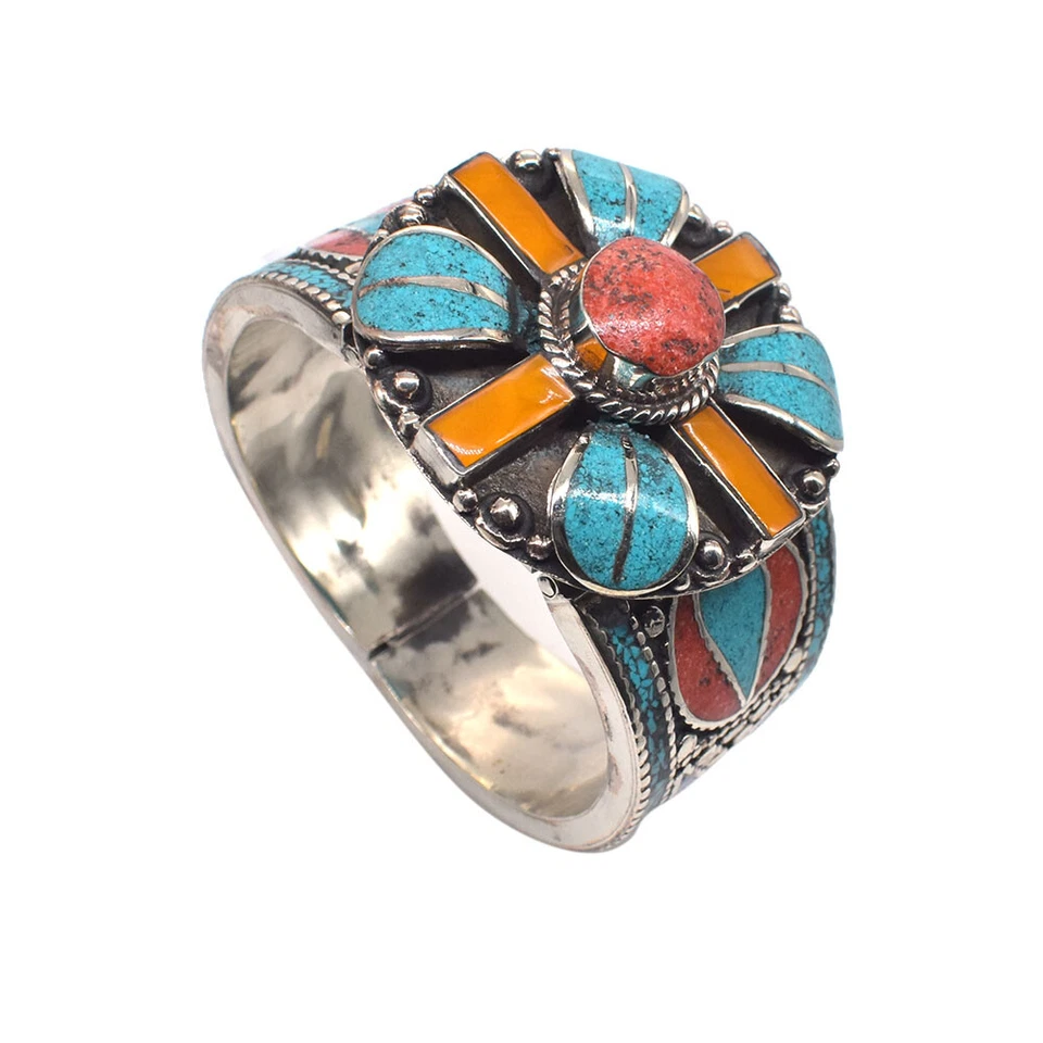 Turquoise Red Coral Gemstone Ethnic Nepali Fashion Jewelry Bracelet 7.5" h122 - Image 1 of 4