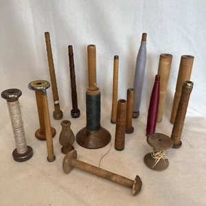 VINTAGE WOODEN SPOOLS SPINDLE BOBBIN TEXTILE INDUSTRIAL 10-3” Antiques - Picture 1 of 19