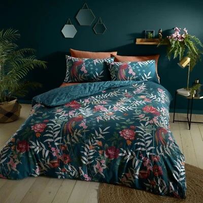 Catherine Lansfield Tropical Floral Birds Reverse Duvet Cover Bedding Set Green