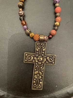 Collar Victoriano Gótico Bronce Filigrana Cruz Colgante Jaspe Hematita Cuentas Foto 1 de 3