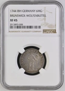 1744 IBH German States Brunswick-Wolfenbuttel. 1/6 Taler 6MG. NGC XF 45 - Picture 1 of 2