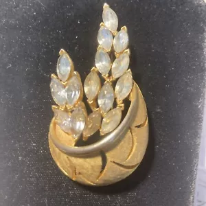Metal Pierced basket prong marquise rhinestone floral brooch vintage 2.46" text - Picture 1 of 18