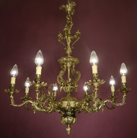 AMAZING OLD ANTIQUE HIGH CHERUBS BRONZE 8 LIGHT SPANISH CHANDELIER  Ø 33" Cover