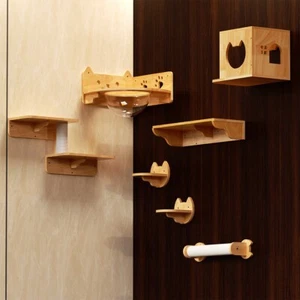 PETOMG Cat Shelves, Rubber Wood DIY Cat Shelves| Wall Mounted Set - Picture 1 of 8