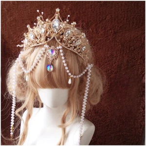Collana donna fatta a mano Lolita corona cristallo perle festa arte capelli accessori - Foto 1 di 8