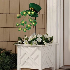 Solar LED St Patricks Day Leprechaun Hat with Shamrocks Yard Stake Outdoor Decor - Picture 1 of 6