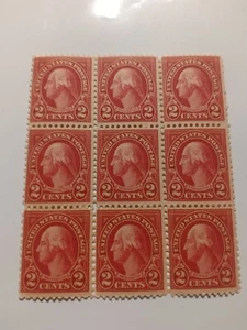 1928 George Washington Carmine, 2 Cent Postage Stamp, #634 Block Of 9 - Picture 1 of 6