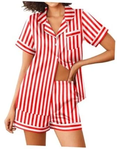  Womens Silk Satin Pajama Sets 2 Piece Short Sleeve Sleepwear X-Large Red - Picture 1 of 7