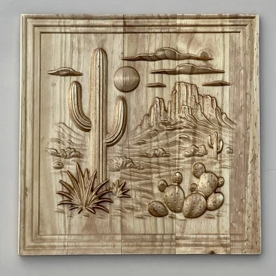 Southwest Desert CNC Carved Relief Wooden Sign Handmade Cactus Wall Art 12x12 - Image 1 of 3