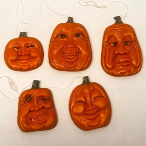 Vintage Pumpkin Funny Face Ornaments Ceramic Lot Of 5 - Picture 1 of 9
